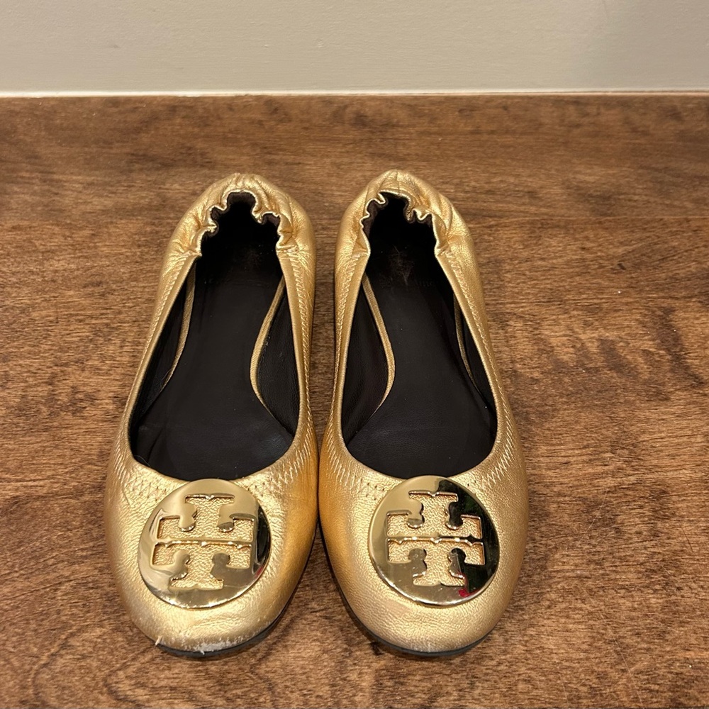 Tory Burch Minnie Travel Ballet Gold Metallic Flats